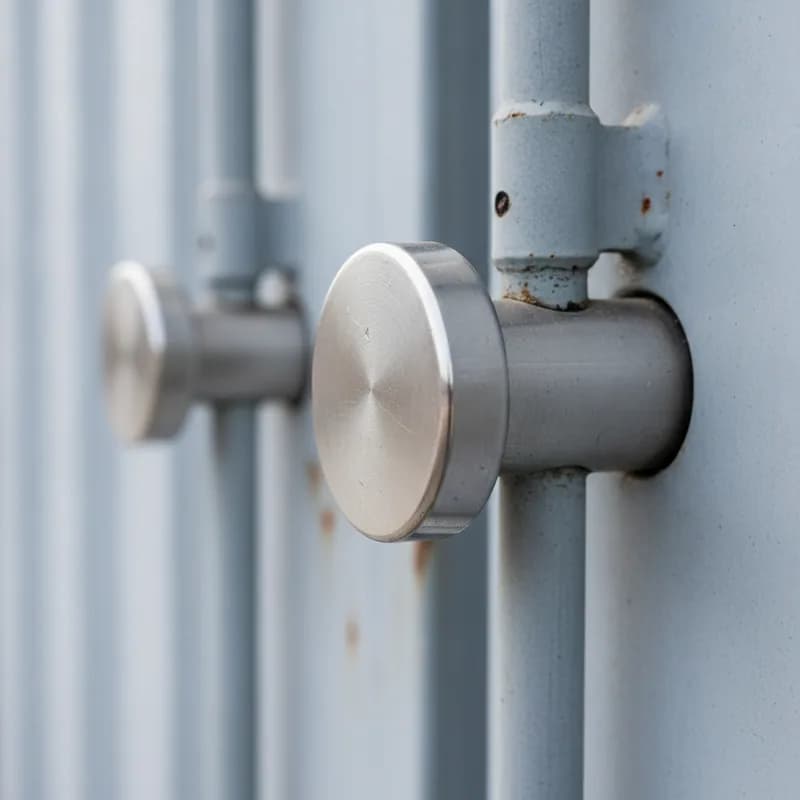 Close view of a plain stainless steel bolt seal through the keeper of a container door locking bar.