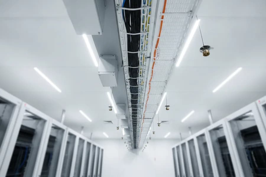 Looking up at overhead busway with tap-off boxes, a mesh cable ladder, a fibre raceway and sprinkler heads running the length of a data hall.