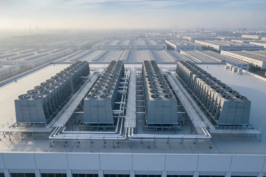 Looking down on a data-centre roof deck with four rows of V-bank dry coolers, their axial fans on top and insulated pipework between them, the industrial park receding into haze beyond.
