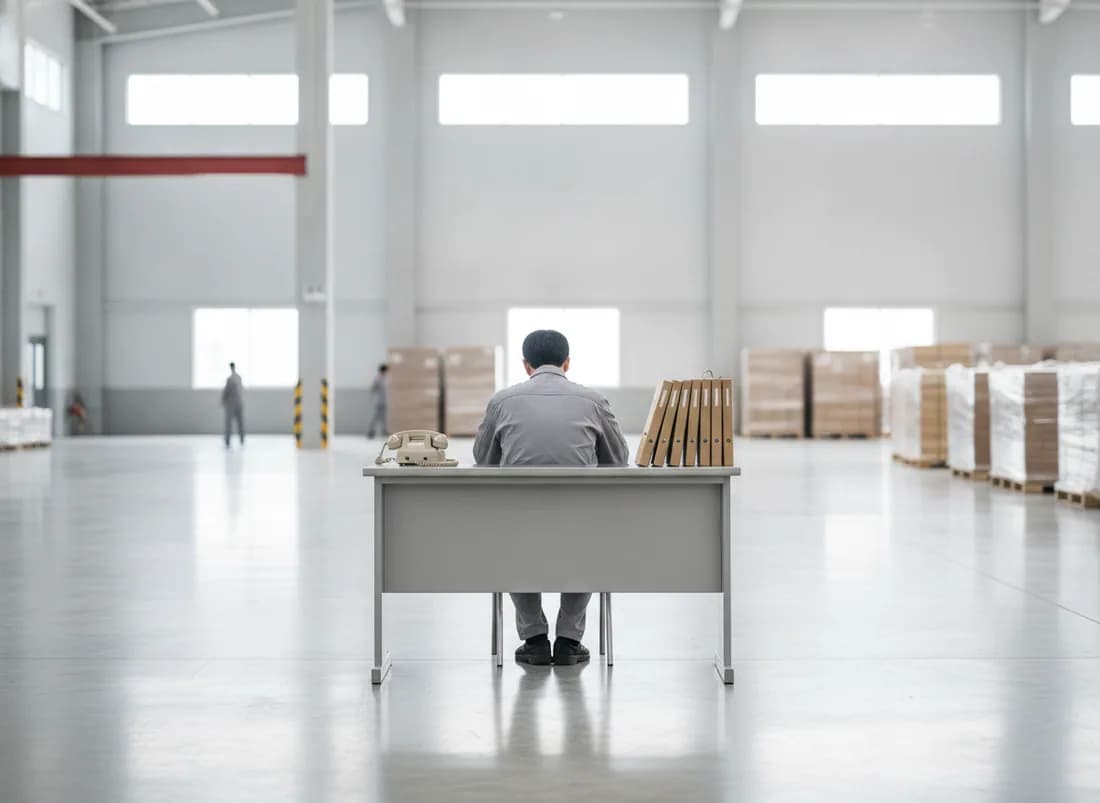 One small desk with a telephone and a stack of folders standing alone in the middle of a vast empty warehouse hall, a single person seated at it from behind.