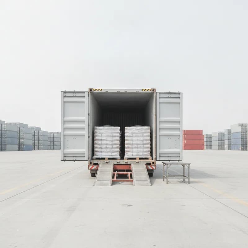 One plain shipping container alone on an inspection apron with both doors open, its brightly lit interior showing neatly stacked shrink-wrapped pallets, a ramp at the sill and an empty inspection table beside it.