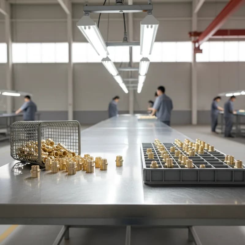 An inspection table with a tipped wire tote spilling loose brass fittings on the left and the same fittings stood in ranks in a compartmented tray on the right.